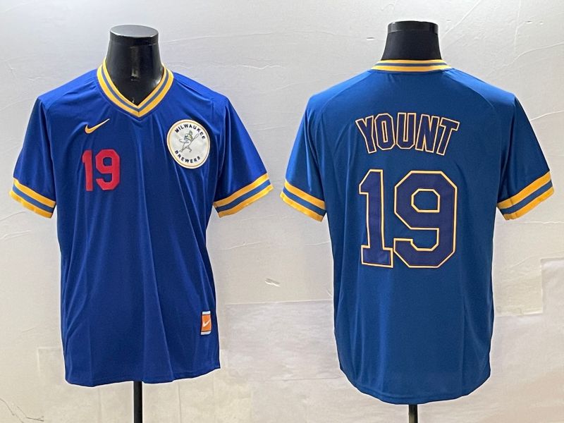 Men Milwaukee Brewers #19 Yount Blue Throwback Game 2025 Nike MLB Jersey style 2